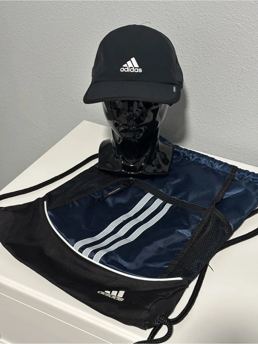 adidas Black Cap with Navy & Black Drawstring Gym Bag